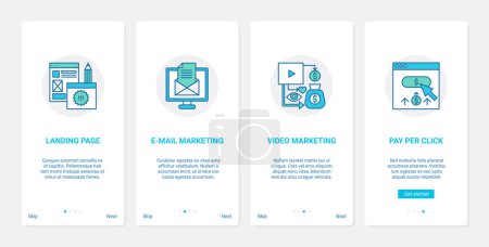 Photo for Website ecommerce internet technology vector illustration. UX, UI onboarding mobile app page screen set with line email and video digital marketing, pay per click work in web, landing page symbols - Royalty Free Image