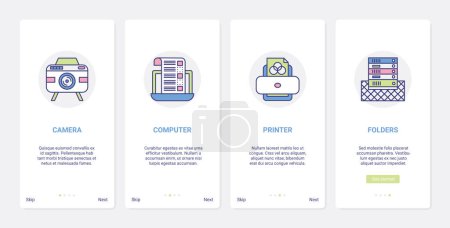 Photo for Digital electronic device for office work, paper document management equipment vector illustration. UI, UX onboarding mobile app page screen set with line manager worker camera computer printer folder - Royalty Free Image