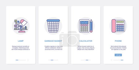 Photo for Stationery for office paper work and study, manager worker accessories vector illustration. UI, UX onboarding mobile app page screen set with line trash can for paper documents, calculator phone lamp - Royalty Free Image