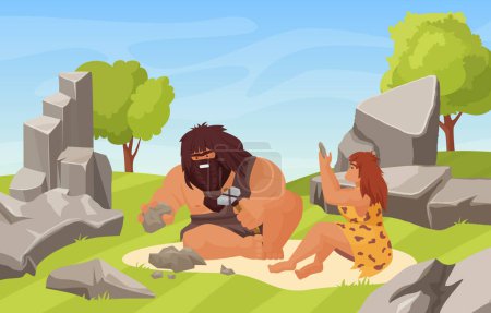 Photo for Prehistoric stone ages and primitive couple people work vector illustration. Cartoon neanderthal man woman characters sitting, caveman holding hammer work tools to break stone near cave background - Royalty Free Image