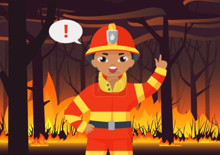 Illustration for Fireman fire fighter kid vector illustration. Cartoon boy firefighter rescuer character in protective uniform warning about wildfire, natural disaster by forest fire in burning landscape background - Royalty Free Image