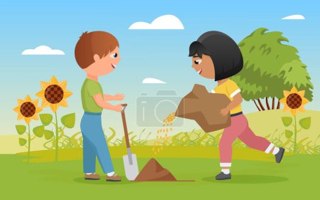 Photo for Children plant seeds vector illustration. Cartoon funny child boy character holding shovel, little happy farmer girl kid planting seeds in green grass of agriculture summer farm landscape background - Royalty Free Image