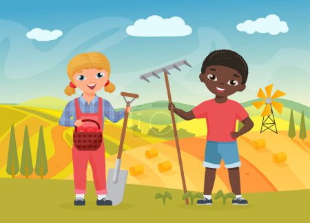 Children farmers with work tools vector illustration. Cartoon funny boy girl child farm worker characters holding shovel and pitchfork for working on agriculture farmland autumn fields background