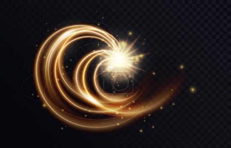 Illustration for Golden luminous swirl shape, abstract light effect vector illustration. Luxury sparkling neon trail of flying stars, shiny magic swirling gold spirals, sparkle motion on transparent black background - Royalty Free Image