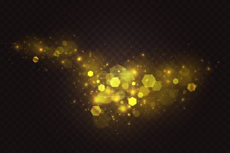 Photo for Golden sparkle bokeh, abstract light effect vector illustration. Luxury sparkling glowing gold glitter or confetti particles, magic yellow dust glow, shiny explosion on transparent black background - Royalty Free Image