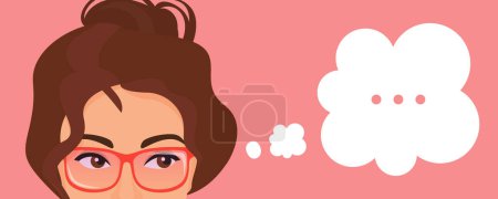 Photo for Girl thinking vector illustration. Cartoon beautiful young woman character with eyeglasses thinking about problem think bubble, expression portrait with eyes, isolated on orange background - Royalty Free Image