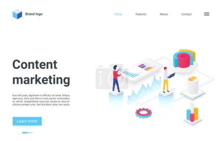 Photo for Content digital marketing concept isometric vector illustration. Cartoon 3d team of marketer people study audience in social media, seo optimization campaign for target searching process landing page - Royalty Free Image