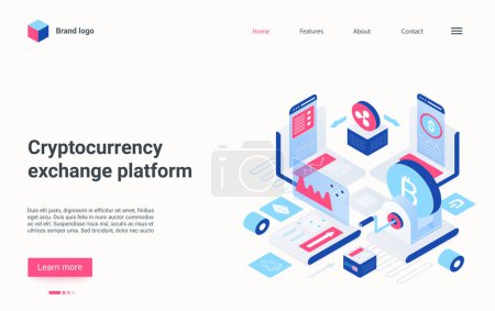 Photo for Crypto currency exchange platform isometric vector illustration. Cartoon 3d digital finance analysis of modern cryptocurrency financial technology, fintech startup for bitcoin mining landing page - Royalty Free Image