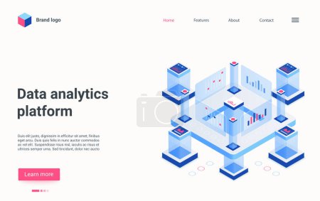 Photo for Data analytics platform, automation technology isometric vector illustration. Cartoon workstation supercomputer structure for automatic data processing and tech analysis, computer network landing page - Royalty Free Image