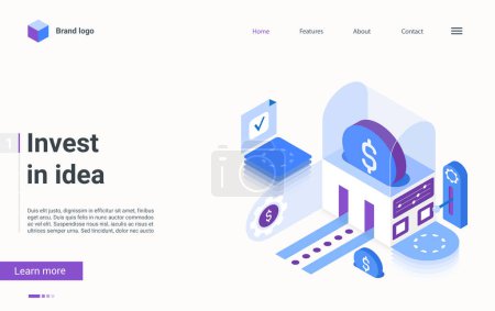 Invest in idea, crowdfunding concept isometric vector illustration. Cartoon 3d investment in idea or fund business startup, fundraising innovation with money coins, finance technology landing page