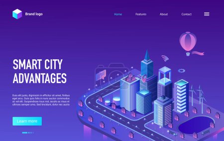 Photo for Smart city advantage isometric vector illustration. Cartoon 3d cityscape infrastructure of futuristic technology with skyscrapers buildings, modern digital future tech innovation neon landing page - Royalty Free Image