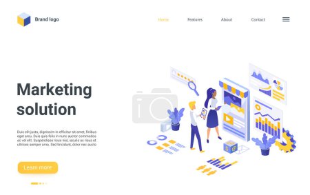 Photo for Digital marketing solution isometric vector illustration. Cartoon 3d people developer marketer team working on development strategy and business plan, teamwork modern internet technology landing page - Royalty Free Image