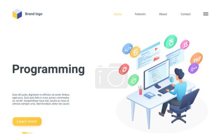 Photo for People programming isometric vector illustration. Cartoon professional programmer developer or coder man character working with code script program language in editor on computer screen landing page - Royalty Free Image