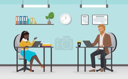 Photo for Business people work vector illustration. Cartoon busy office workers employees, man and woman characters sitting at desks workplaces with laptops, working together in office interior background - Royalty Free Image