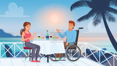 Photo for Romantic relationship and marriage of disabled people concept vector illustration. Cartoon man with disability and girl sitting on terrace of tropical beach for dinner. Love romance dating background - Royalty Free Image