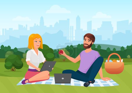 Photo for People on picnic in summer city park landscape vector illustration. Cartoon young man woman characters sitting on blanket on green grass together, working with laptop and eating picnic food background - Royalty Free Image