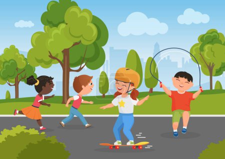 Photo for Children play in city park, healthy summer activity in nature vector illustration. Cartoon boy character playing jumping rope, girl child riding skateboard, kids run fun, happy childhood background - Royalty Free Image