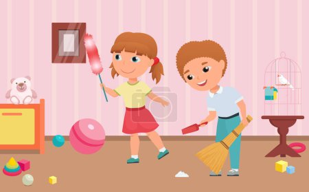 Photo for Children housekeeping, clean playroom housework vector illustration. Cartoon boy child character holding broom and scoop, girl cleaning, working to remove dust in pink nursery room interior background - Royalty Free Image