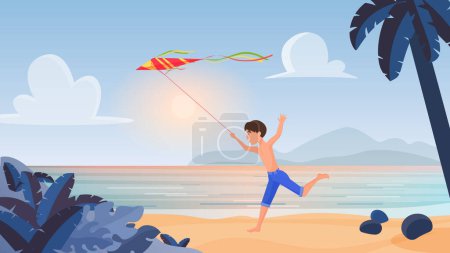 Photo for Child boy playing, running with kite in tropical nature, summer beach landscape vector illustration. Cartoon happy kid character holding flying red kite in hand, children play fun activity background - Royalty Free Image