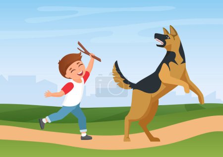 Photo for Happy boy kid training, playing with dog vector illustration. Cartoon funny child and doggy friend pet play in nature summer park landscape, fun time and love friendship for animals background - Royalty Free Image