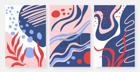 Photo for Dots, lines, curves and leaves vector illustration set. Trendy collage for art wall design in blue red white colors, minimalist hand drawing nature shapes, vertical fashion modern template background - Royalty Free Image