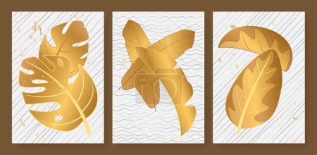 Photo for Tropical golden leaves vector illustration set. Exotic luxury abstract gold palm tree leaf, minimal foliage of tropics, vertical floral modern template background wall picture decoration or social media - Royalty Free Image