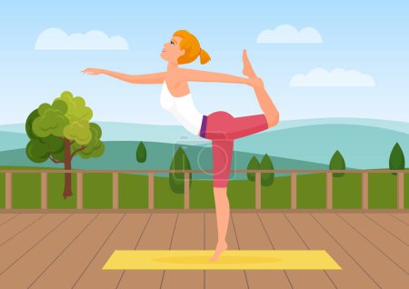 Photo for Woman doing yoga pose at nature landscape background vector illustration - Royalty Free Image
