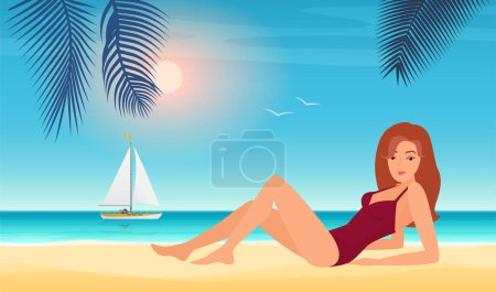 Photo for Summer girl in bikini vector illustration. Cartoon beautiful young woman character in swimsuit sunbathing on tropical beach landscape, glamour fashion beach party, vacation summertime background - Royalty Free Image