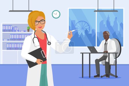 Illustration for Medicine teamwork in hospital vector illustration. Cartoon woman nurse character with glasses holding syringe injection, man doctor working with laptop at table in medical office interior background - Royalty Free Image