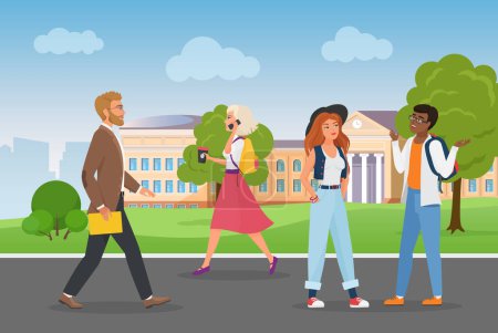 Photo for People walk near university campus in city landscape vector illustration. Cartoon cityscape with young student characters talking, walking man teacher holding folder, girl with coffee cup background - Royalty Free Image
