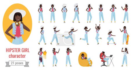 Photo for Girl in jeans and hat poses infographic vector illustration set. Cartoon young woman hipster character with various postures and emotions, posing running standing walking working isolated on white - Royalty Free Image