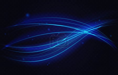 Photo for Neon luminous speed motion waves, abstract light effect vector illustration. Blue curve energy lines and waves with particles sparkles stars, magic shiny luminosity on transparent black background - Royalty Free Image