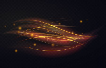 Photo for Golden luminous waves shapes and shining particles, abstract light effect vector illustration. Luxury sparkling shiny magic swirl, dynamic wavy gold trails shine on transparent black background - Royalty Free Image