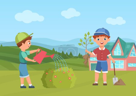 Photo for Happy children water plants in summer green garden or park vector illustration. Cartoon child gardener character holding tree sapling, preschool boy watering bush, agriculture activity background - Royalty Free Image