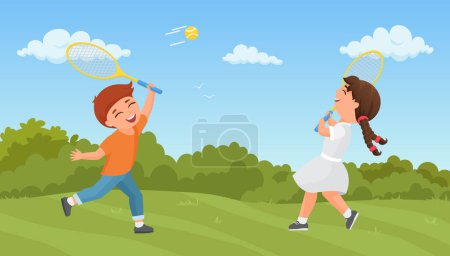 Illustration for Kids play tennis in summer park vector illustration. Cartoon excited boy girl player characters training, playing sport game together outdoors, holding rackets, active healthy lifestyle background - Royalty Free Image
