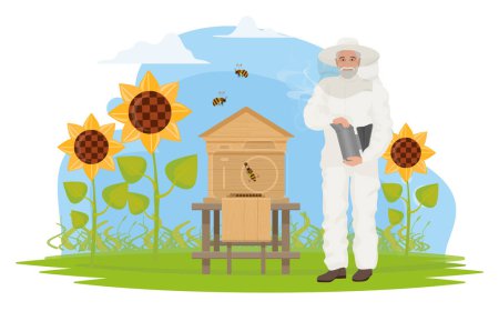 Imker arbeiten an der Darstellung der Imkerei und der Honigproduktion. Cartoon ältere Imker Charakter Imkerei, hält Waben, steht in der Nähe von Bienenstock, Sonnenblumengarten isoliert auf weiß