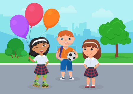 Photo for Happy friends children in school uniform stand together in park vector illustration. Cartoon girl in roller skates holding balloons, boy holding ball to play football, kids friendship background - Royalty Free Image