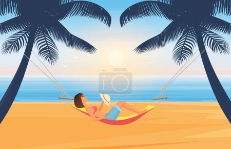 Illustration for People relax and sunbathe on summer sea beach in tropical island vector illustration. Cartoon young woman character with hat sunbathing, lying in hammock, summertime travel vacation background - Royalty Free Image