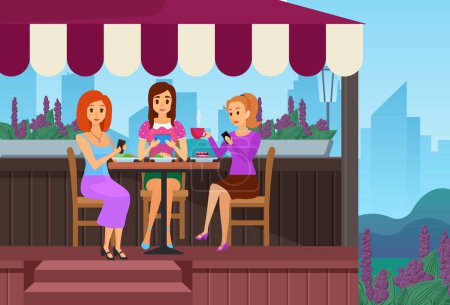 Photo for People friends eat in cafe vector illustration. Cartoon girls characters sitting in street outdoor cafe together, young woman eating, drinking coffee and taking selfies with mobile phone background - Royalty Free Image