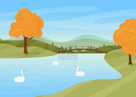 Ilustración de Los cisnes nadan en el río, paisaje natural rural otoño ilustración vectorial. Dibujos animados aves silvestres en la superficie del agua, puente sobre el río o el lago, árboles con hojas otoñales amarillas de pie a orillas del río fondo - Imagen libre de derechos