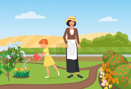 Photo for Family farmers people work, water flowers in farm garden vector illustration. Cartoon girl and mother gardener characters working and gardening, happy little daughter holding watering can background - Royalty Free Image