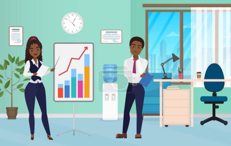 Photo for Business training of office workers people vector illustration. Cartoon young man woman corporate manager employee characters work on finance analysis presentation in office room interior background - Royalty Free Image