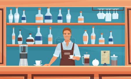 Illustration for Cafe, coffeeshop bar or restaurant business with barista staff vector illustration. Cartoon hipster character in apron holding coffee cup, standing in vintage bar interior with alcohol on wood shelves - Royalty Free Image