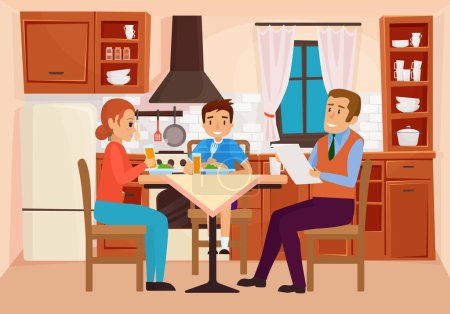 Family people eat dinner at home kitchen interior vector illustration. Cartoon young mother father and boy kid characters eating homemade meal, sitting at table together, parents and son communication