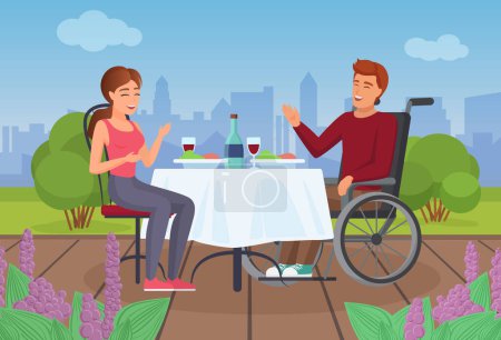 Photo for Couple people eat on outdoor terrace of restaurant cafe in summer vector illustration. Cartoon disabled man in wheelchair dining with girl, happy characters talking and eating together background - Royalty Free Image