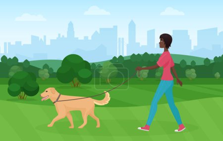 Photo for African american black woman walking with golden terrier dog pet in the park vector illustration - Royalty Free Image