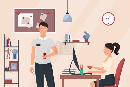 Photo for Business people on coffee break in office room interior vector illustration. Cartoon woman and man characters talk and drink tea, coffee or juice, rest from work and friendly conversation background - Royalty Free Image