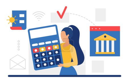 Photo for Business accounting, finance and budget management vector illustration. Cartoon woman character with big calculator working on account credit and debit, financial check report, online banking service - Royalty Free Image