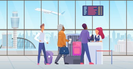 Illustration for People passenger at international airport check in vector illustration. Cartoon tourist characters standing in line before travel, airline desk counter for checking ticket documents background - Royalty Free Image