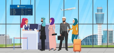Illustration for Air flight check queue with saudi arab people vector illustration. Cartoon muslim tourist characters standing in line with travel bag, airline worker checking ticket at airport gate desk background - Royalty Free Image